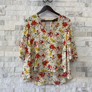 Zara Flowy Floral Peasant Blouse Keyhole Back